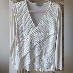 Ny Collection Long Sleeve White Knit Top Layered Scalloped Front
